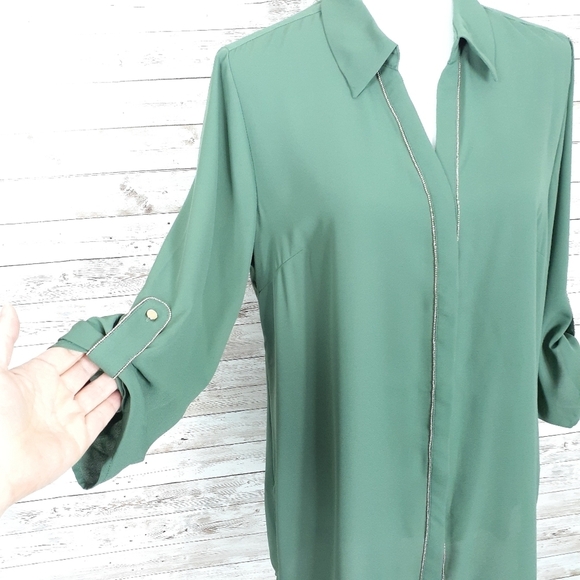 JM Collection Blouse Green Gold Trim Button Up 577 - Picture 2 of 7